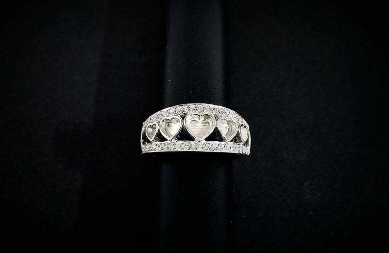 925 Sterling Solid Silver 5mm + 4mm + 3mm Heart Shape Ring with zircon, Good for Resin work, All color zircon available.