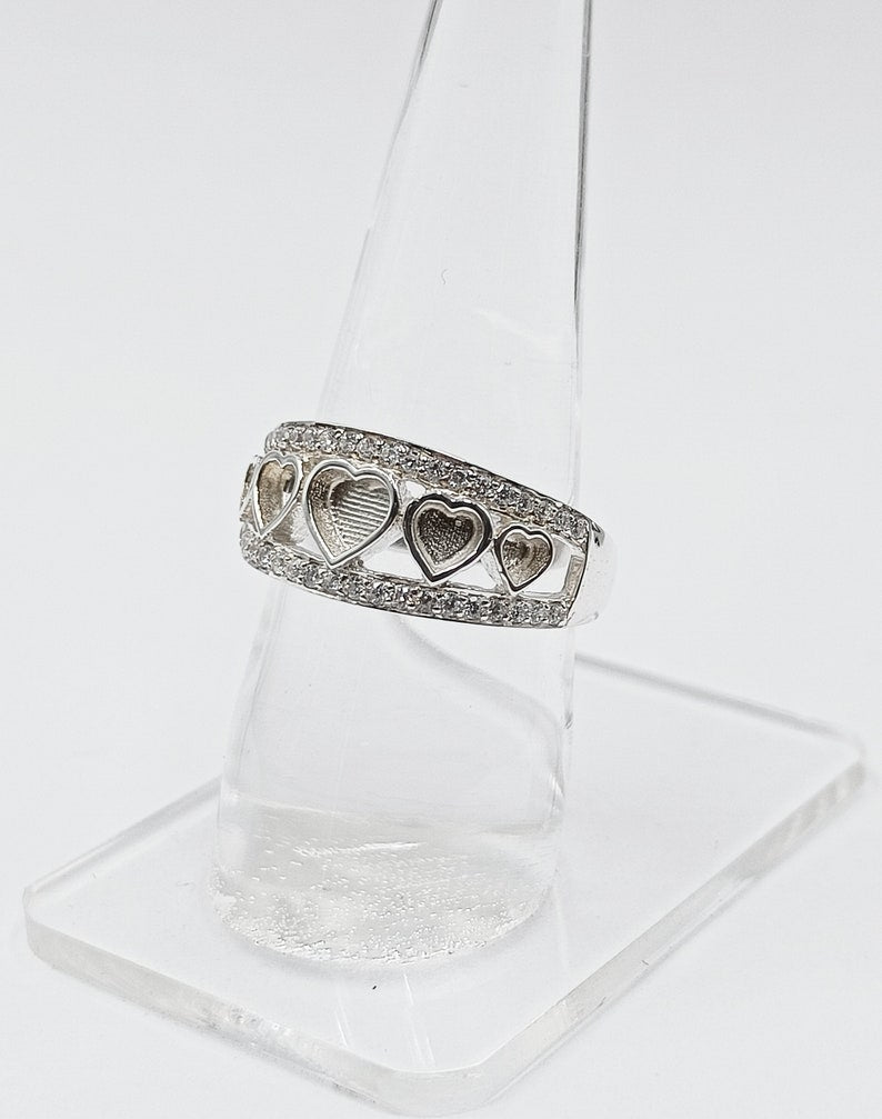 925 Sterling Solid Silver 5mm + 4mm + 3mm Heart Shape Ring with zircon, Good for Resin work, All color zircon available.