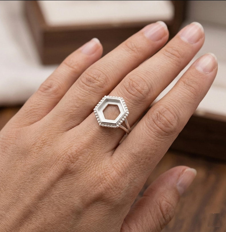 925 Sterling Silver 4mm to 25mm Hexagon Blank Bezel Designer Ring DIY Settings Breastmilk/Keepsake, Good for Resin & Ashes Work, Handmade Memorial Ring