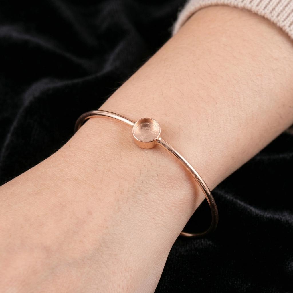 925 Sterling Silver Round 8mm Blank Bezel Handmade Bangle, Good for Resin & Ashes Work, Memorial Keepsake/Breastmilk DIY Crafts