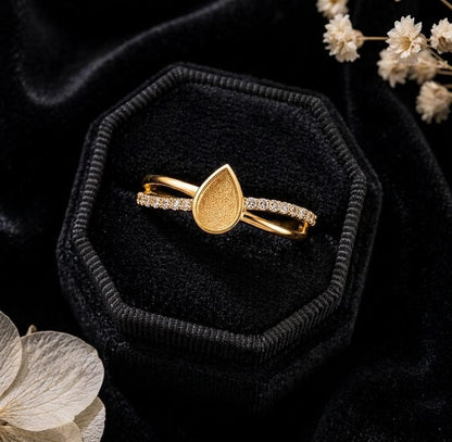 Teardrop Rose Gold Ring, 4x6mm Blank and Zircon Setted Ring, 925 Sterling Silver Designer Ring, Resin & Ashes Work, Breastmilk/Keepsake DIY