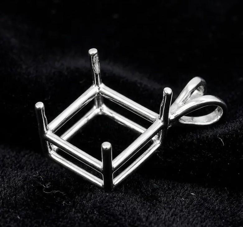 925 Sterling Silver diamond shape semi mount pendant settings Pr-notched 6mm to 20mm for faceted square stones