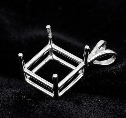 925 Sterling Silver diamond shape semi mount pendant settings Pr-notched 6mm to 20mm for faceted square stones