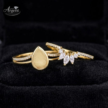 925 Sterling Silver, Pear 9x6mm Blank Bezel Zircon Ring, Stackable Wedding Band, Enhancer Bridal Set, Resin & Ashes, Breastmilk/Keepsake DIY