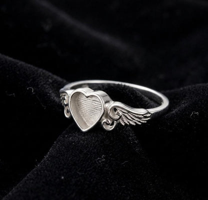 925 Sterling Silver, 6mm Heart Blank Bezel Ring, Wings Designer Ring, Good for Resin & Ashes Work, Breastmilk/Keepsake DIY, Gift for her