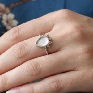 925 Sterling Solid Silver 6x8mm Pear Blank Bezel with Seven CZ Setted Ring, Good for Gemstone, Resin & Ashes Keepsake, Breastmilk DIY Crafts