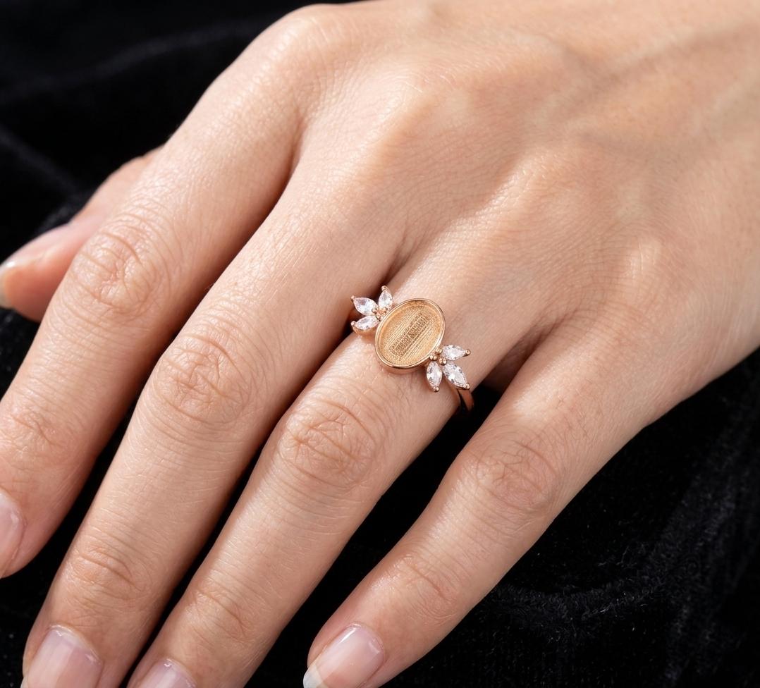925 Sterling Solid Silver 8x6mm Oval Shape Blank Bezel with Tiny Marquise CZ Ring, Good for Resin & Ashes Work, Keepsake/Breastmilk DIY