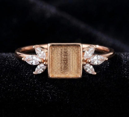 925 Sterling Solid Silver 8x8mm Square Shape Blank Bezel with Tiny Marquise CZ Ring, Good for Resin & Ashes Work, Keepsake/Breastmilk DIY