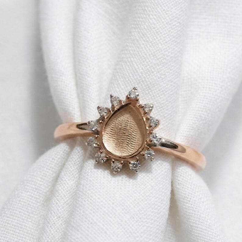 Pear Blank With Zircon Halo Promise Ring, 925 Sterling Silver Engagement Ring, Teardrop Wedding Ring,Resin & Ashes Work, Keepsake Breastmilk