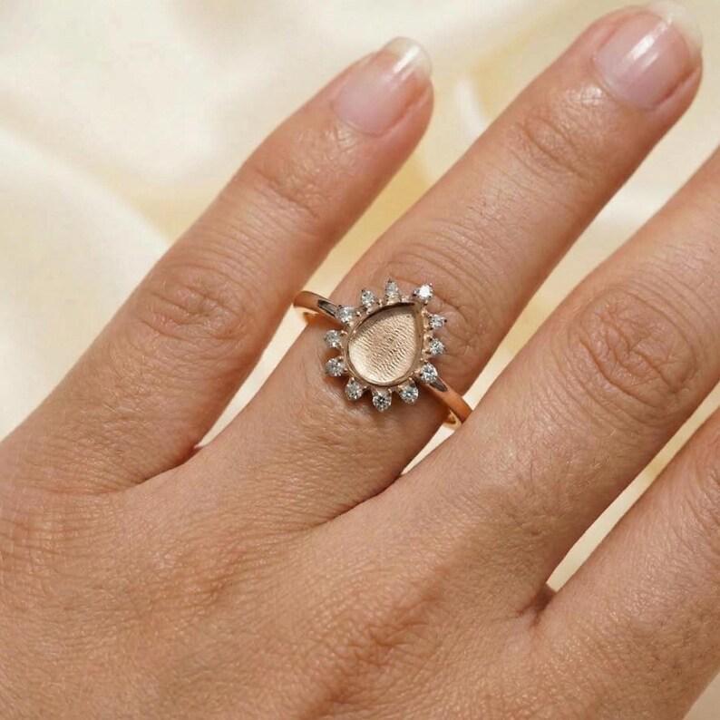 Pear Blank With Zircon Halo Promise Ring, 925 Sterling Silver Engagement Ring, Teardrop Wedding Ring,Resin & Ashes Work, Keepsake Breastmilk