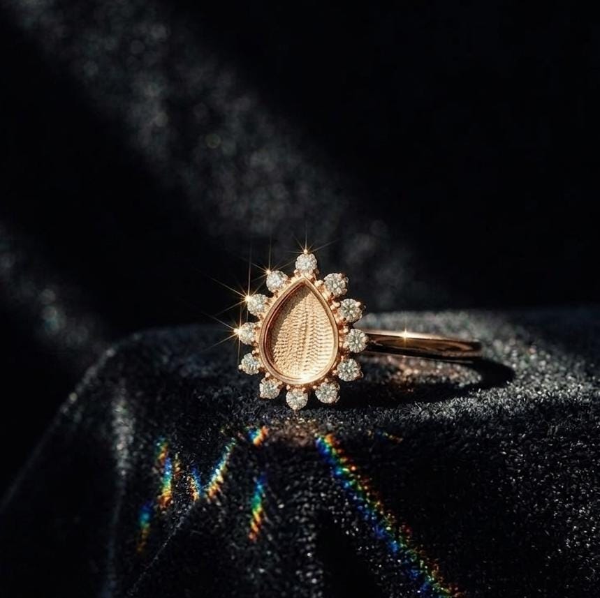 Pear Blank With Zircon Halo Promise Ring, 925 Sterling Silver Engagement Ring, Teardrop Wedding Ring,Resin & Ashes Work, Keepsake Breastmilk