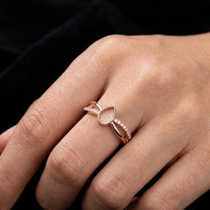 Teardrop Rose Gold Ring, 4x6mm Blank and Zircon Setted Ring, 925 Sterling Silver Designer Ring, Resin & Ashes Work, Breastmilk/Keepsake DIY