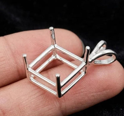 925 Sterling Silver diamond shape semi mount pendant settings Pr-notched 6mm to 20mm for faceted square stones