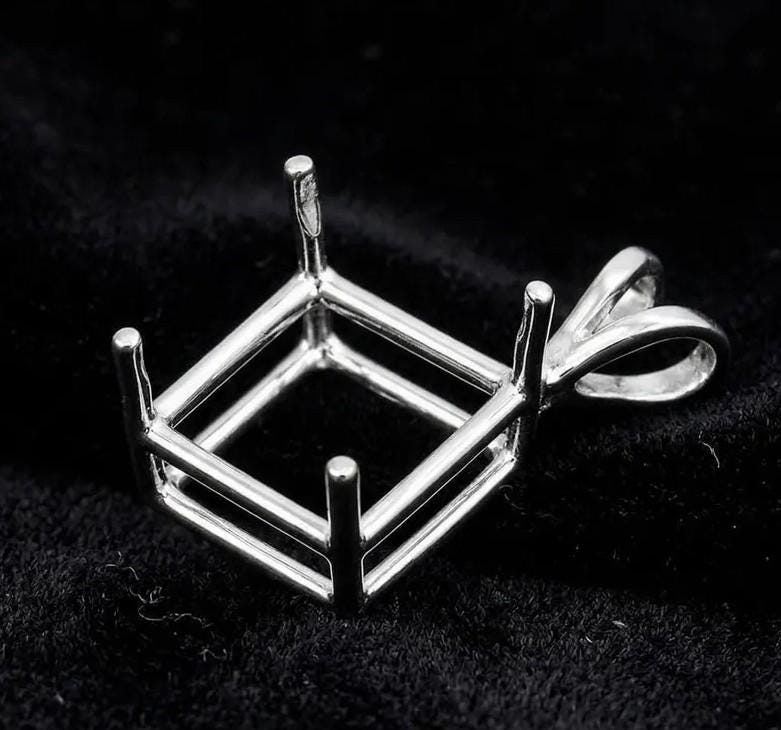 925 Sterling Silver diamond shape semi mount pendant settings Pr-notched 6mm to 20mm for faceted square stones