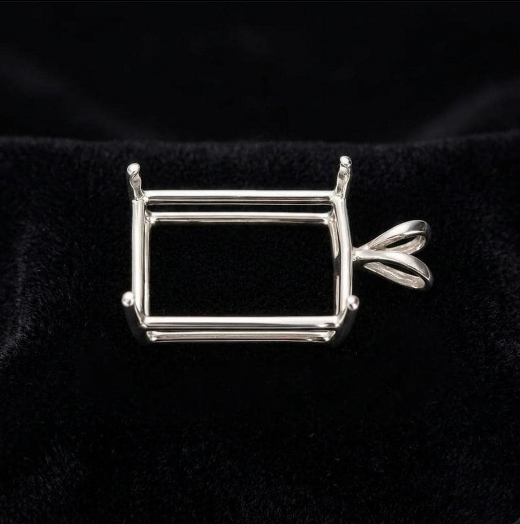 925 Sterling Silver emerald shape semi mount pendant settings Pr-notched 7x5mm to 18x13mm for faceted octagon stones