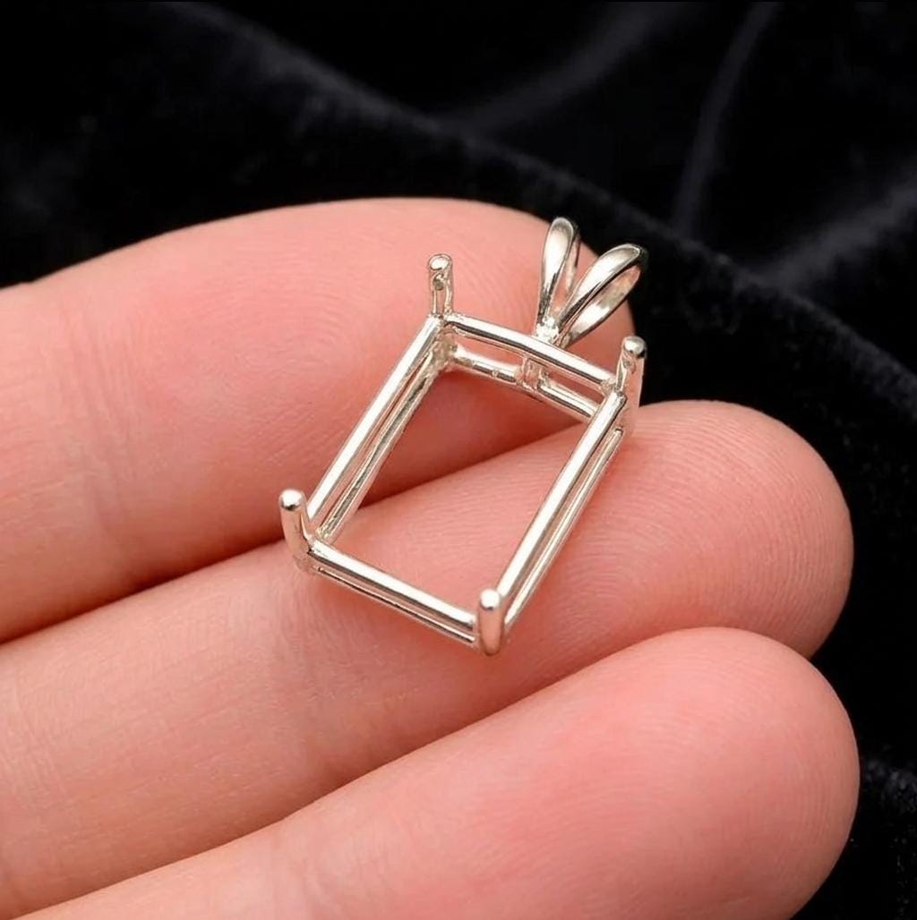 925 Sterling Silver emerald shape semi mount pendant settings Pr-notched 7x5mm to 18x13mm for faceted octagon stones