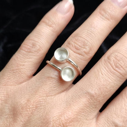 925 Sterling Silver 2 Circle 6mm Blank Bezel Adjustable Bypass Ring, Good for Resin & Ashes Work,  Memorial Keepsake, Breastmilk DIY Crafts