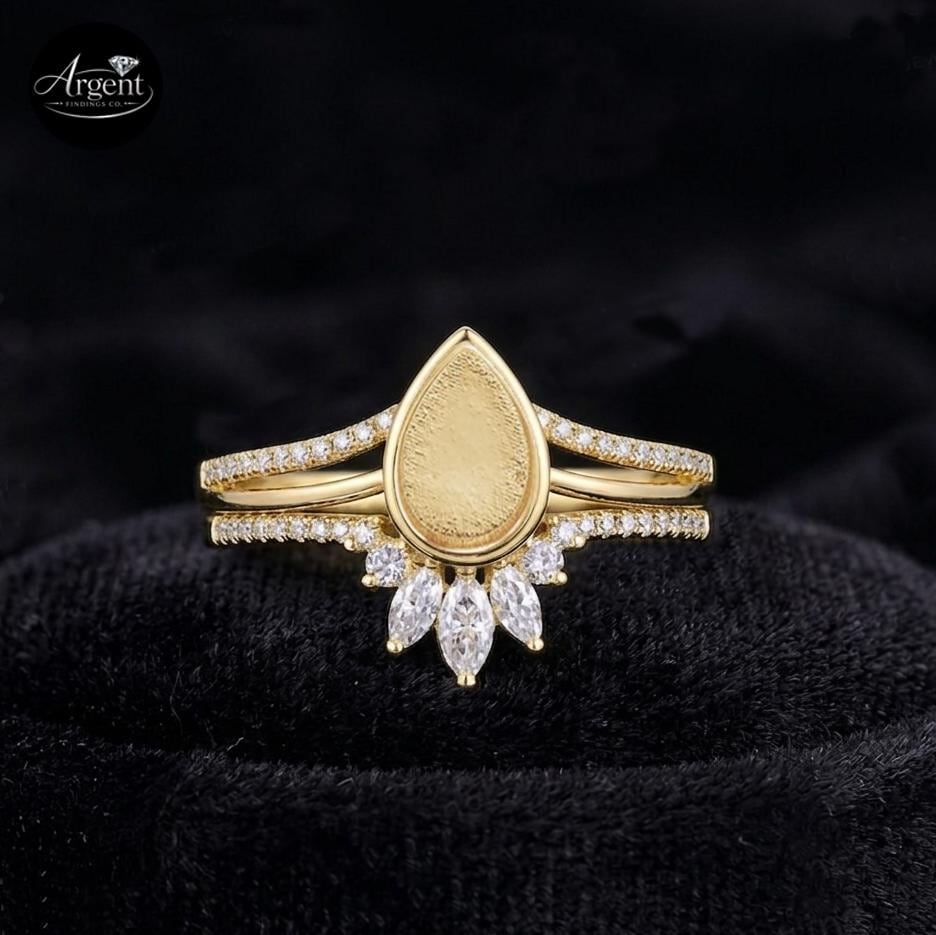 925 Sterling Silver, Pear 9x6mm Blank Bezel Zircon Ring, Stackable Wedding Band, Enhancer Bridal Set, Resin & Ashes, Breastmilk/Keepsake DIY