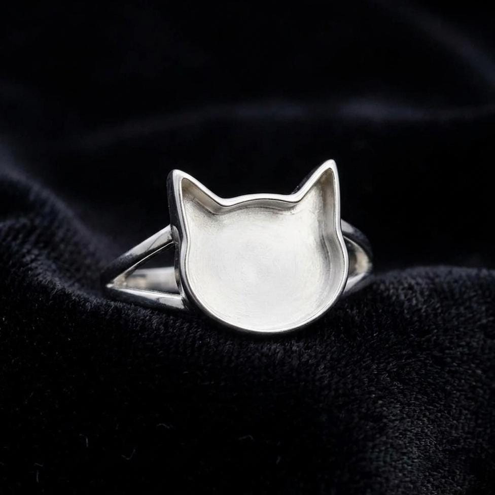 925 Sterling Silver 12mm Cat Face Blank Bezel Ring, Good for Resin & Ashes Work, Cat Cremation, Animal Pet Loss Ring, Keepsake Memorial DIY