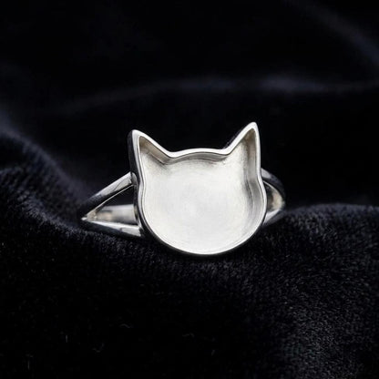 925 Sterling Silver 12mm Cat Face Blank Bezel Ring, Good for Resin & Ashes Work, Cat Cremation, Animal Pet Loss Ring, Keepsake Memorial DIY