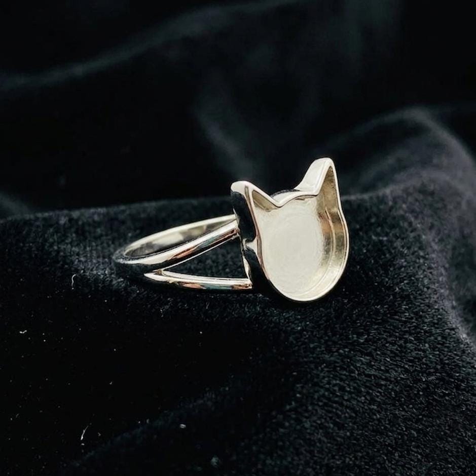925 Sterling Silver 12mm Cat Face Blank Bezel Ring, Good for Resin & Ashes Work, Cat Cremation, Animal Pet Loss Ring, Keepsake Memorial DIY