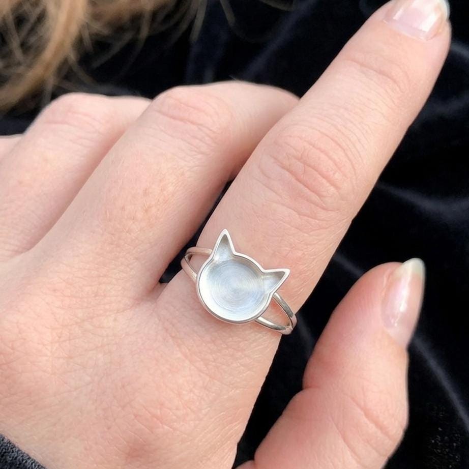 925 Sterling Silver 12mm Cat Face Blank Bezel Ring, Good for Resin & Ashes Work, Cat Cremation, Animal Pet Loss Ring, Keepsake Memorial DIY