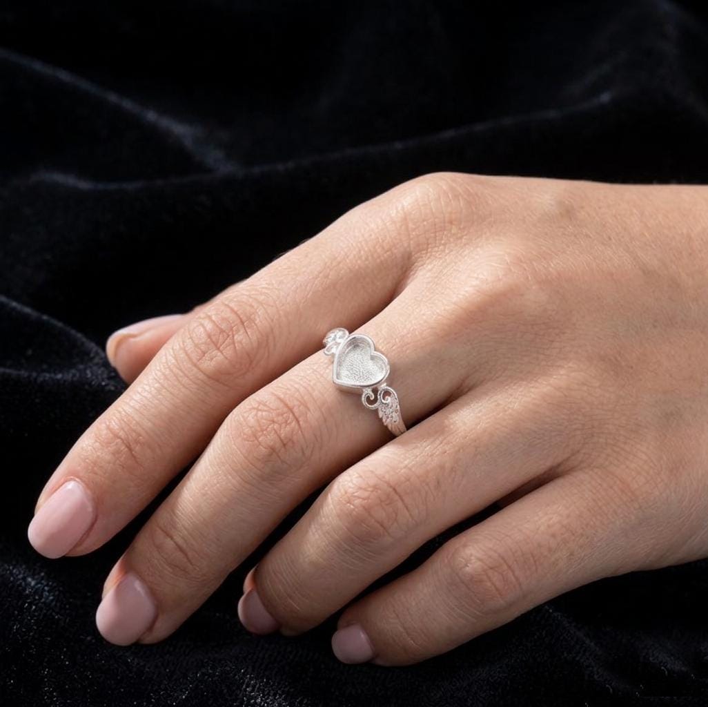 925 Sterling Silver, 6mm Heart Blank Bezel Ring, Wings Designer Ring, Good for Resin & Ashes Work, Breastmilk/Keepsake DIY, Gift for her