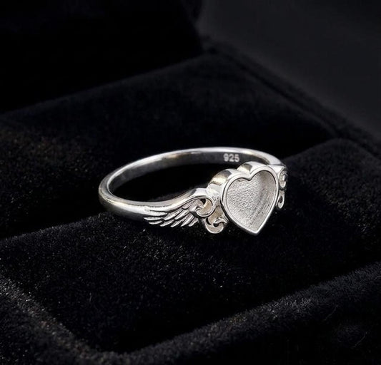 925 Sterling Silver, 6mm Heart Blank Bezel Ring, Wings Designer Ring, Good for Resin & Ashes Work, Breastmilk/Keepsake DIY, Gift for her