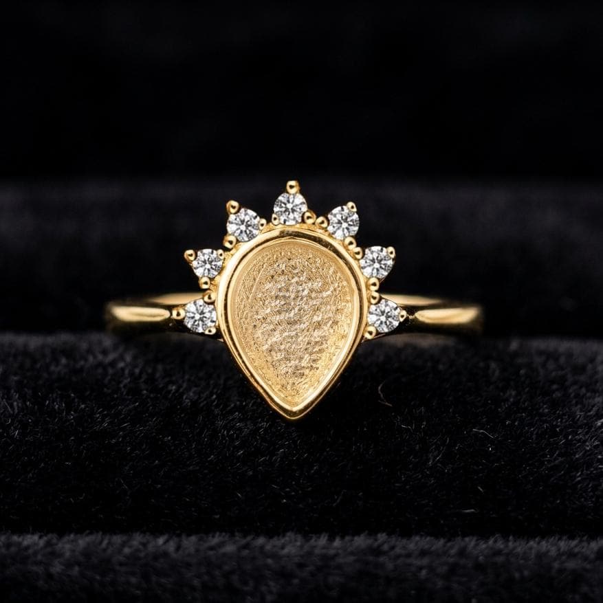 925 Sterling Solid Silver 6x8mm Pear Blank Bezel with Seven CZ Setted Ring, Good for Gemstone, Resin & Ashes Keepsake, Breastmilk DIY Crafts