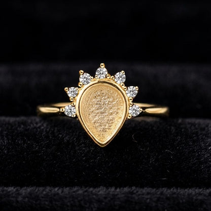 925 Sterling Solid Silver 6x8mm Pear Blank Bezel with Seven CZ Setted Ring, Good for Gemstone, Resin & Ashes Keepsake, Breastmilk DIY Crafts