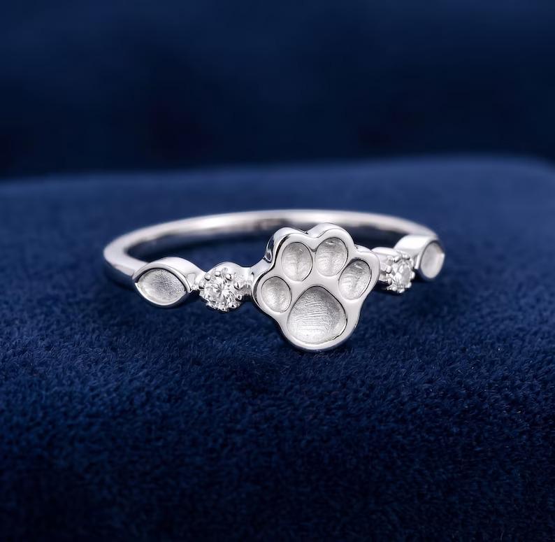 925 Sterling Solid Silver 8mm Dog Paw & Marquise Blank Bezel with CZ Setted Ring, Good for Resin Ashes Work, Keepsake/Breastmilk, DIY Crafts