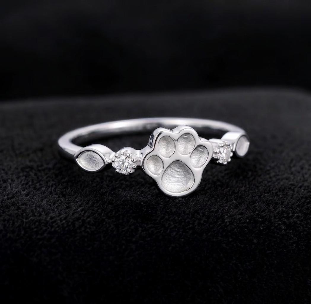 925 Sterling Solid Silver 8mm Dog Paw & Marquise Blank Bezel with CZ Setted Ring, Good for Resin Ashes Work, Keepsake/Breastmilk, DIY Crafts