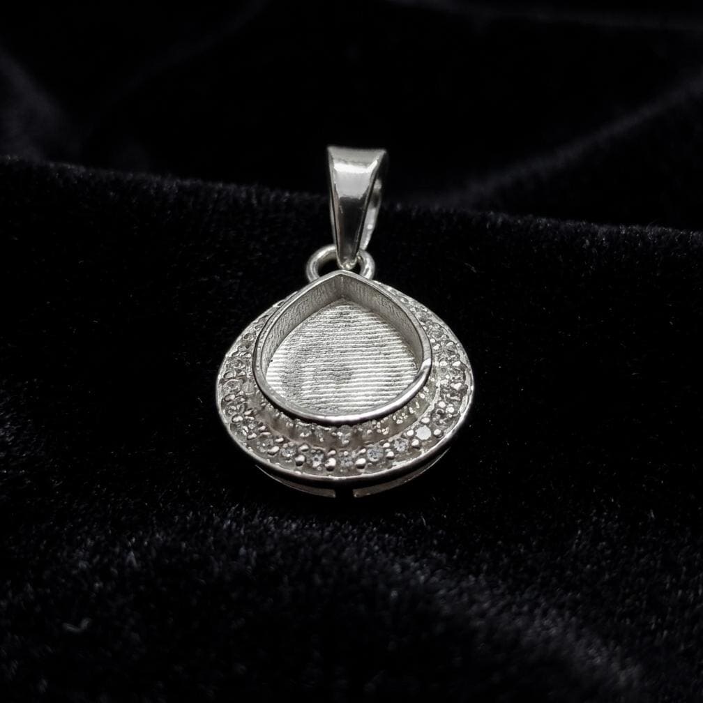 Pear Shape 8x10mm Blank Bezel Pendant Surrounded with CZ, 925 Sterling Silver Pendant, Good for Resin & Ashes Work, Keepsake Jewelry Crafts