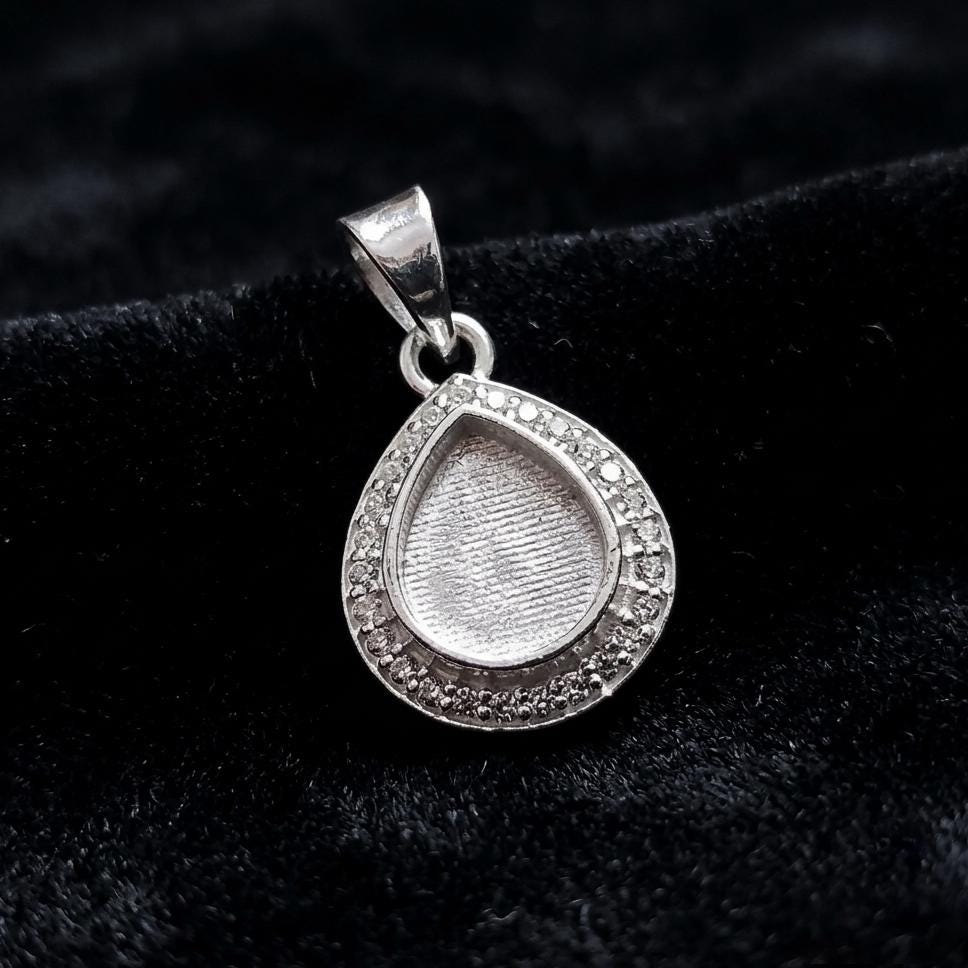 Pear Shape 8x10mm Blank Bezel Pendant Surrounded with CZ, 925 Sterling Silver Pendant, Good for Resin & Ashes Work, Keepsake Jewelry Crafts