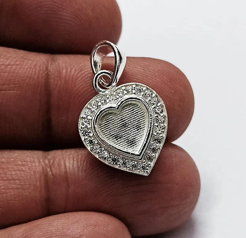 Heart Shape Blank Bezel Pendant with Zircon Setted, 925 Sterling Silver Pendant, Good for Resin & Ashes Work, Memorial Jewelry Crafts