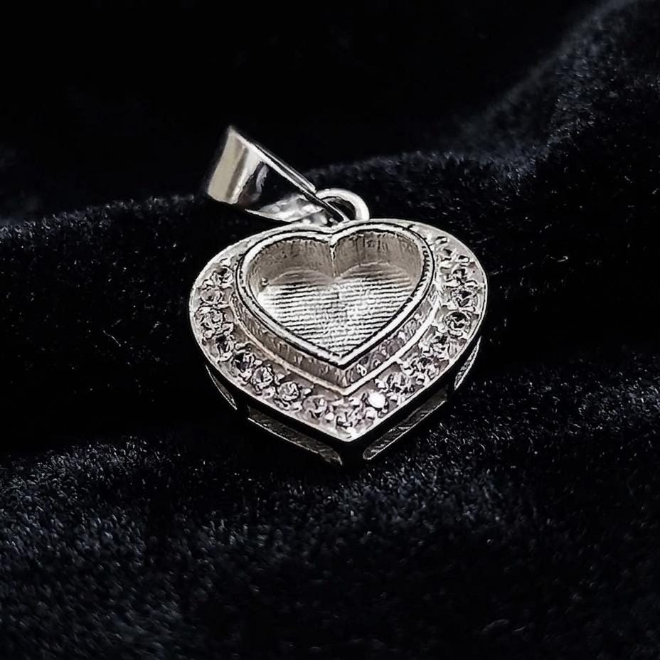 Heart Shape Blank Bezel Pendant with Zircon Setted, 925 Sterling Silver Pendant, Good for Resin & Ashes Work, Memorial Jewelry Crafts