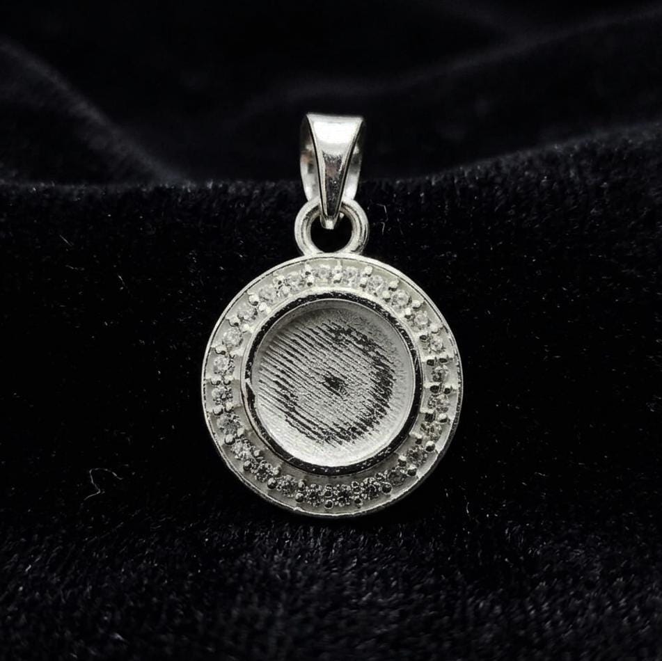 Round Shape Blank Bezel Pendant Surrounded with Zircon, 925 Sterling Silver Pendant, Good for Resin & Ashes Work, Keepsake Jewellery Crafts
