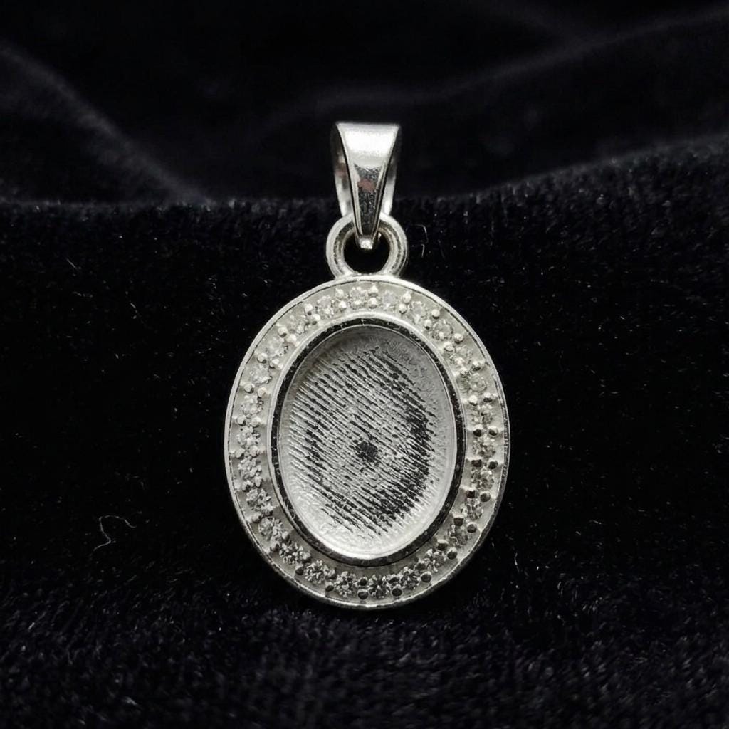 Oval Shape 8x10mm Blank Bezel Pendant Surrounded with CZ, 925 Sterling Silver Pendant, Good for Resin & Ashes Work, Keepsake Jewelry Crafts