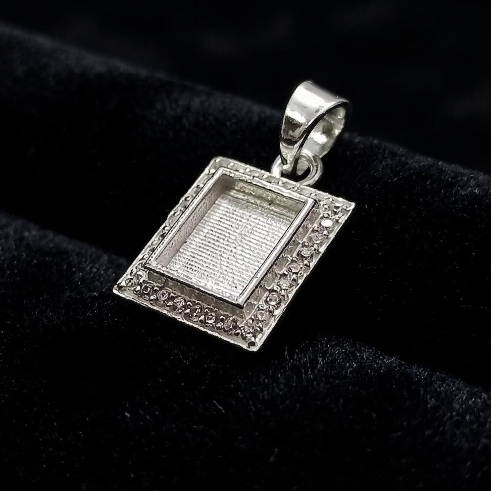Rectangle Shape 8x10mm Blank Bezel Pendant with CZ Setted, 925 Sterling Silver Pendant, Good for Resin & Ashes Work, Keepsake Jewelry Crafts