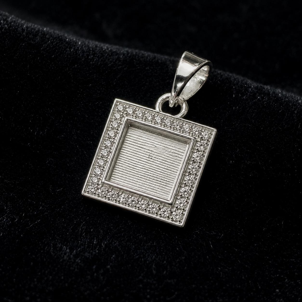 Square Shape Blank Bezel Pendant Surrounded with Zircon, 925 Sterling Silver Pendant, Good for Resin & Ashes Work, Keepsake Jewellery Crafts