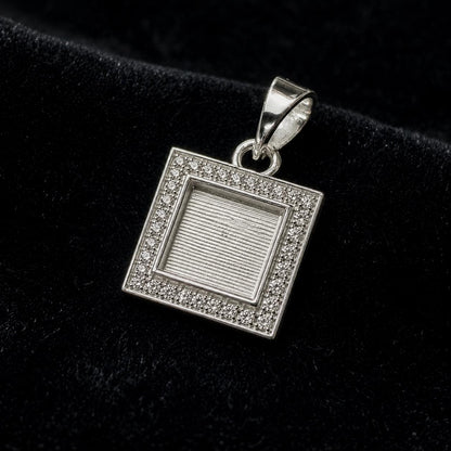 Square Shape Blank Bezel Pendant Surrounded with Zircon, 925 Sterling Silver Pendant, Good for Resin & Ashes Work, Keepsake Jewellery Crafts