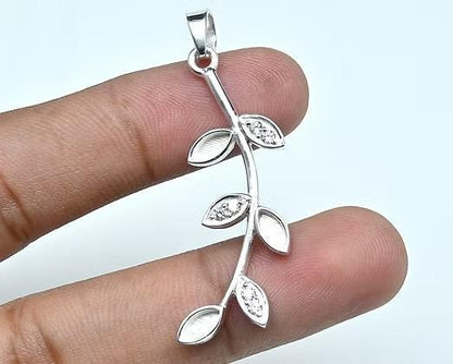 Olive Leaf Branch Marquise Blank Bezel with CZ, 925 Sterling Silver Pendant Setting, Good for Resin & Ashes Work, Keepsake/Breastmilk DIY