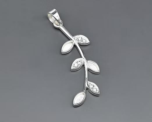 Olive Leaf Branch Marquise Blank Bezel with CZ, 925 Sterling Silver Pendant Setting, Good for Resin & Ashes Work, Keepsake/Breastmilk DIY