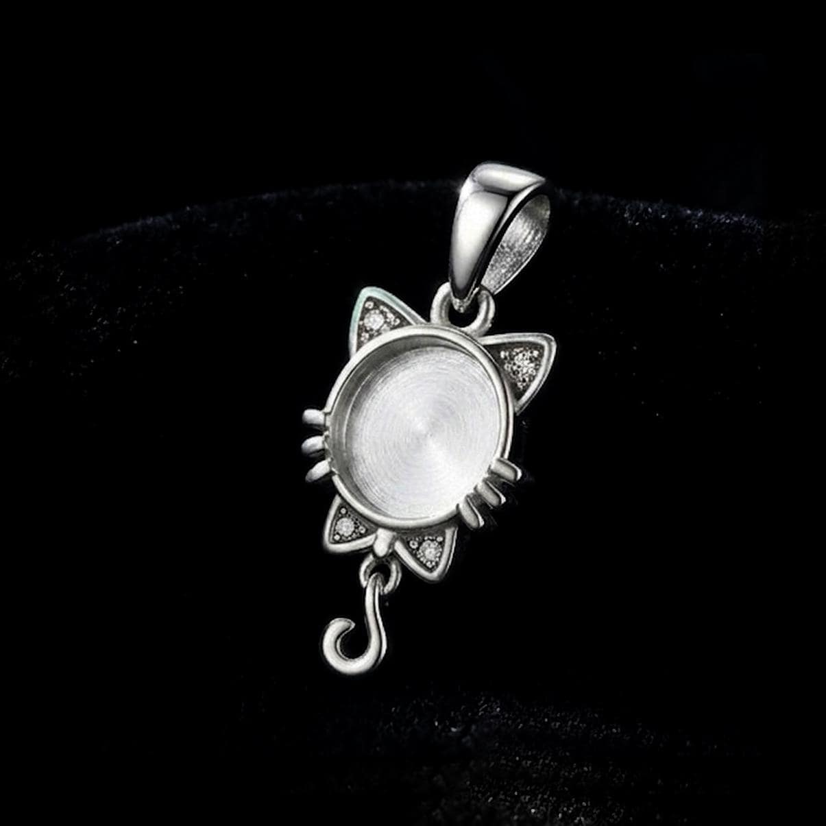 925 Sterling Silver Cat Face 12mm Blank Bezel CZ Pendant Setting, Breastmilk/Keepsake, Good for Resin & Ashes Work, Memorial Cat Pet Lover