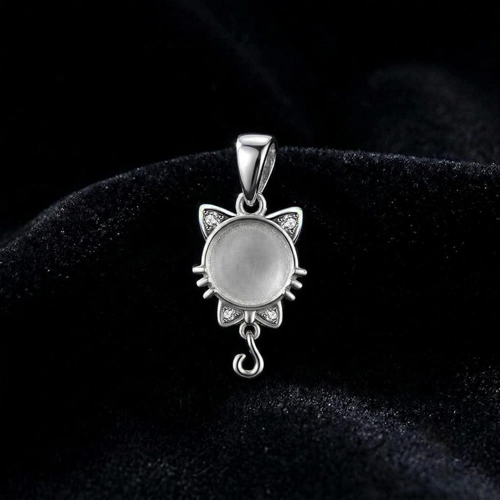 925 Sterling Silver Cat Face 12mm Blank Bezel CZ Pendant Setting, Breastmilk/Keepsake, Good for Resin & Ashes Work, Memorial Cat Pet Lover