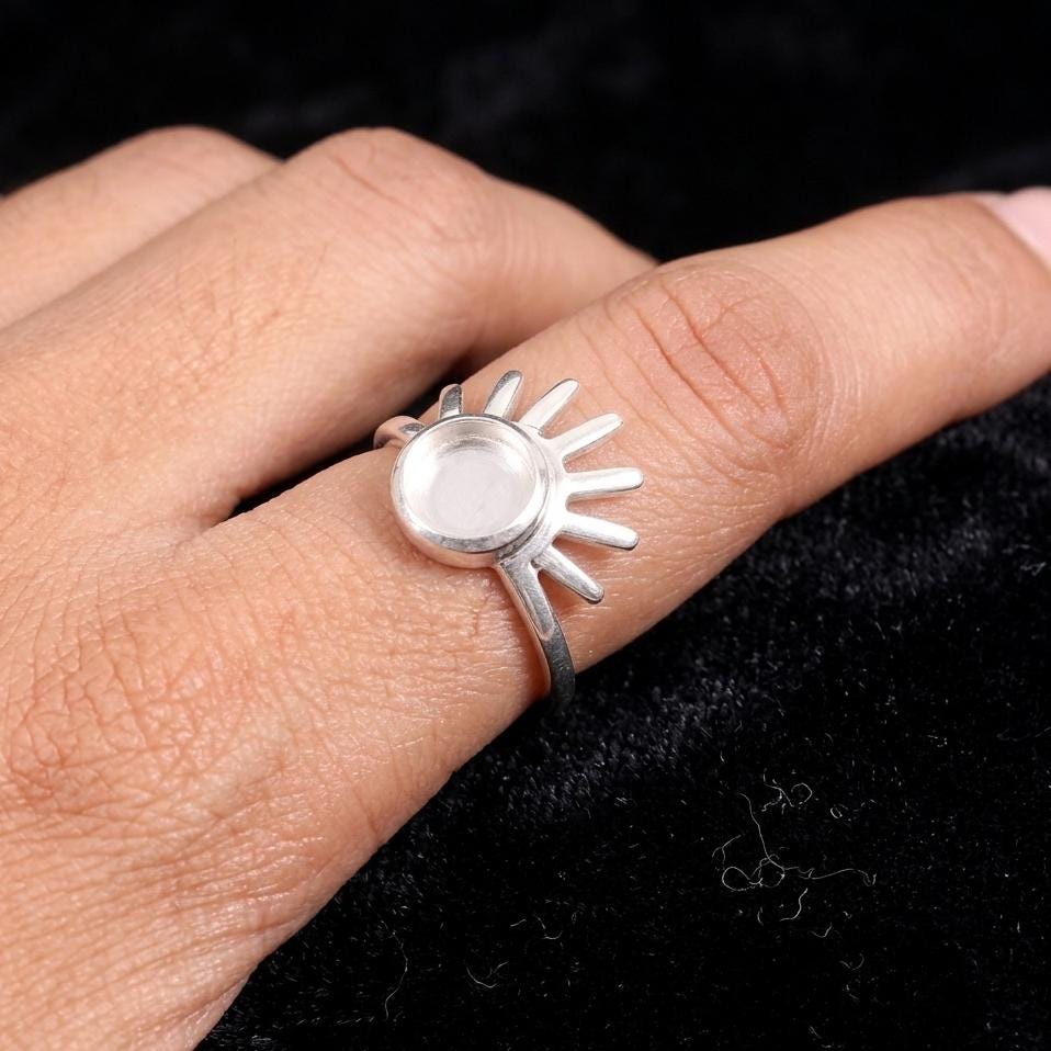 925 Sterling Silver, Round Blank Bezel, Rising Sun Design Celestial Ring, Good for Resin & Ashes Work, Breastmilk/Keepsake DIY, Gift for her