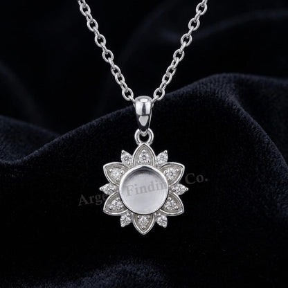 925 Sterling Silver Flower Design Round 6mm Blank Bezel CZ Set Pendant, Breastmilk/Keepsake, Good for Resin & Ashes Work, Memorial DIY Craft
