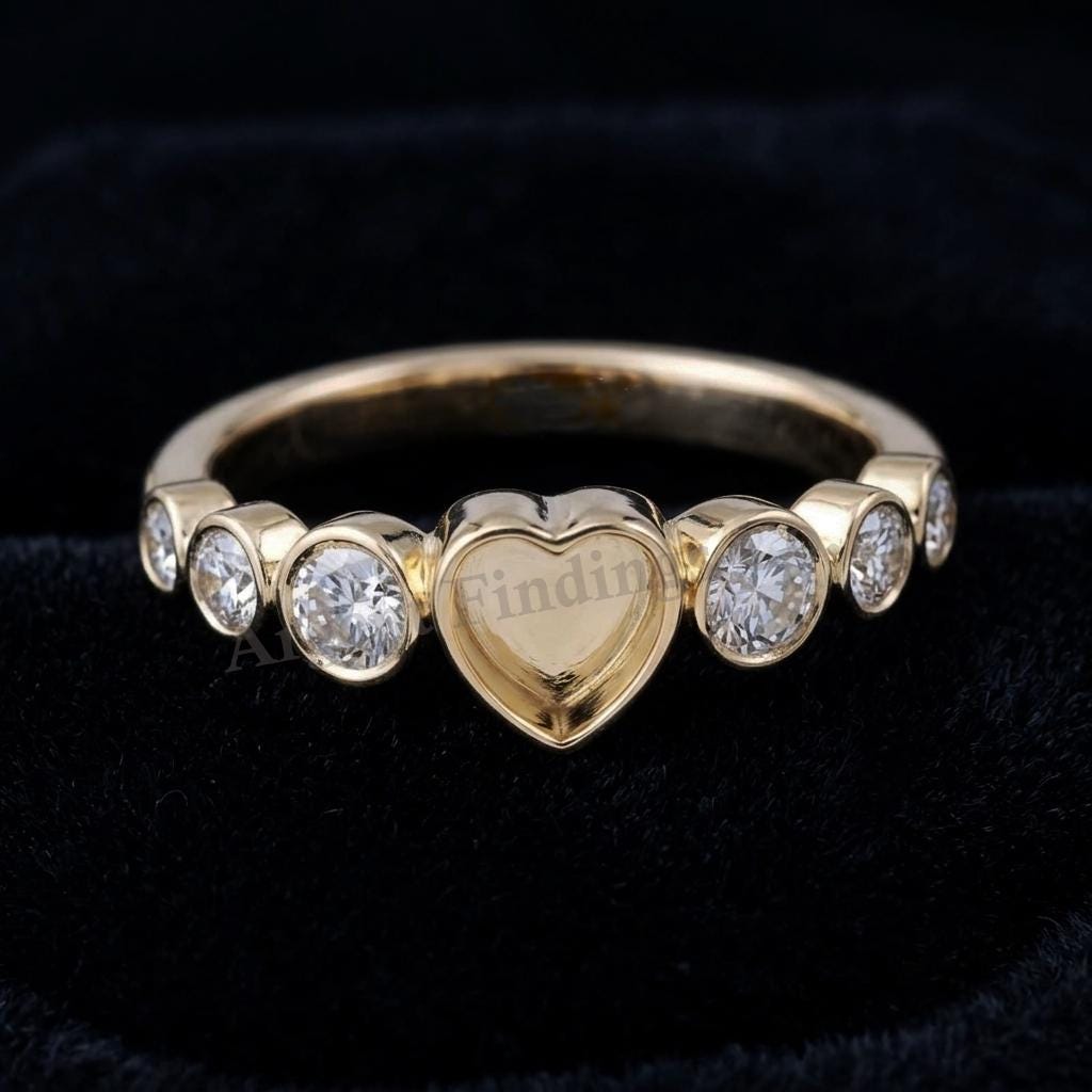 Heart 18k Gold Ring, 5mm Blank Bezel 4,3,2mm CZ Setted Ring, 925 Sterling Silver Designer Ring, Resin & Ashes Work, Breastmilk/Keepsake DIY