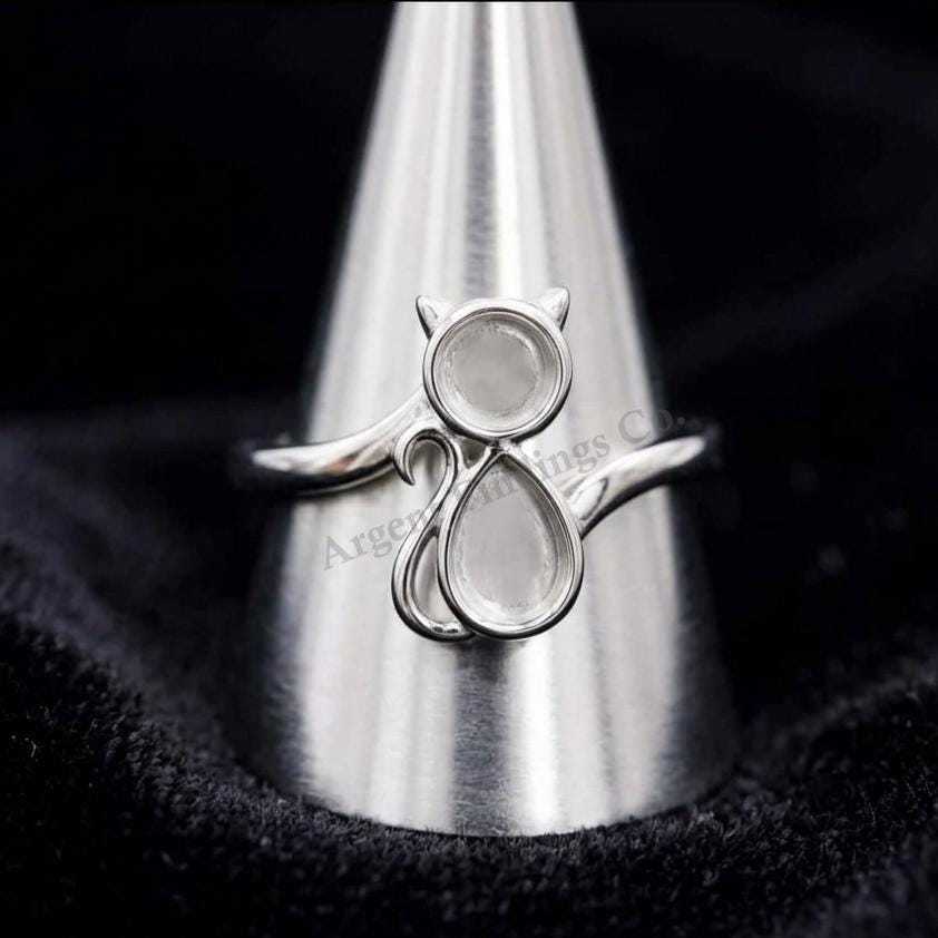 925 Sterling Solid Silver Cat Shape Blank Bezel Ring, Good for Resin & Ashes Work, Cat Cremation, Animal Pet Loss Ring,Keepsake Memorial DIY