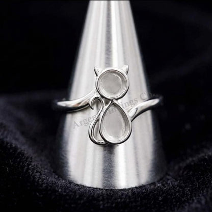 925 Sterling Solid Silver Cat Shape Blank Bezel Ring, Good for Resin & Ashes Work, Cat Cremation, Animal Pet Loss Ring,Keepsake Memorial DIY